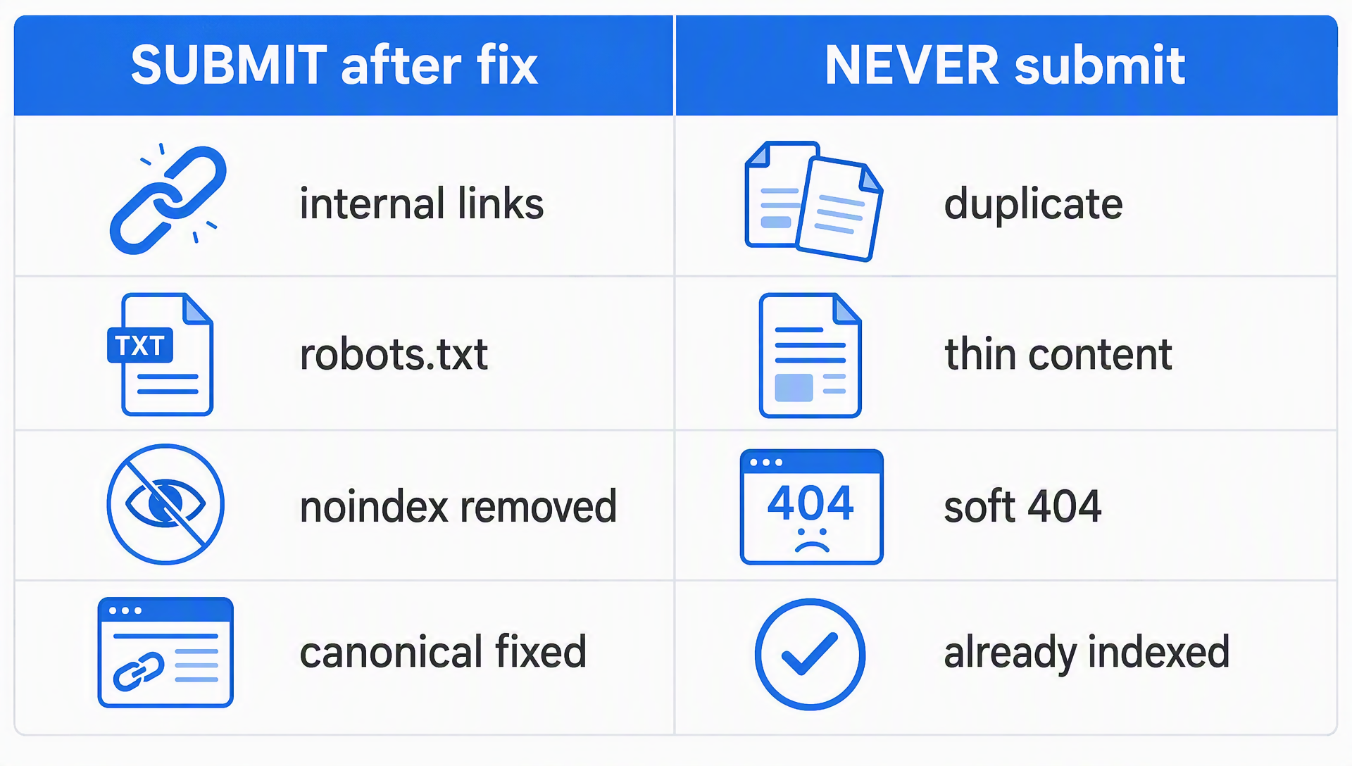 Decision matrix showing which not-indexed URLs to submit after fixing versus never submit
