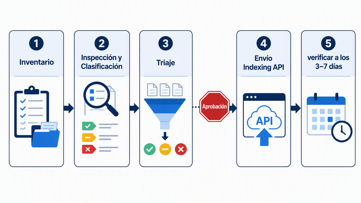 Diagrama de flujo de un pipeline de indexación de cinco etapas con compuerta de aprobación humana antes del envío