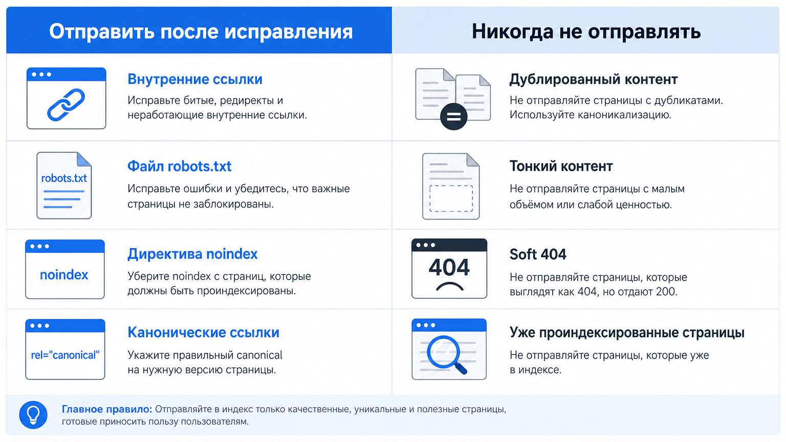 Матрица решений, разделяющая неиндексированные URL на «отправить после исправления» и «никогда не отправлять»