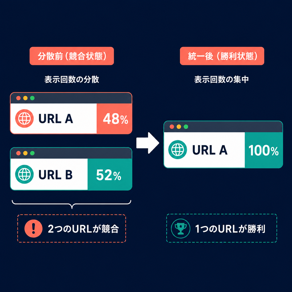 コンテンツ統合の前後:競合していた2つのURLがインプレッションを分け合う状態から、1つの残存ページがクエリで勝利する状態へ。