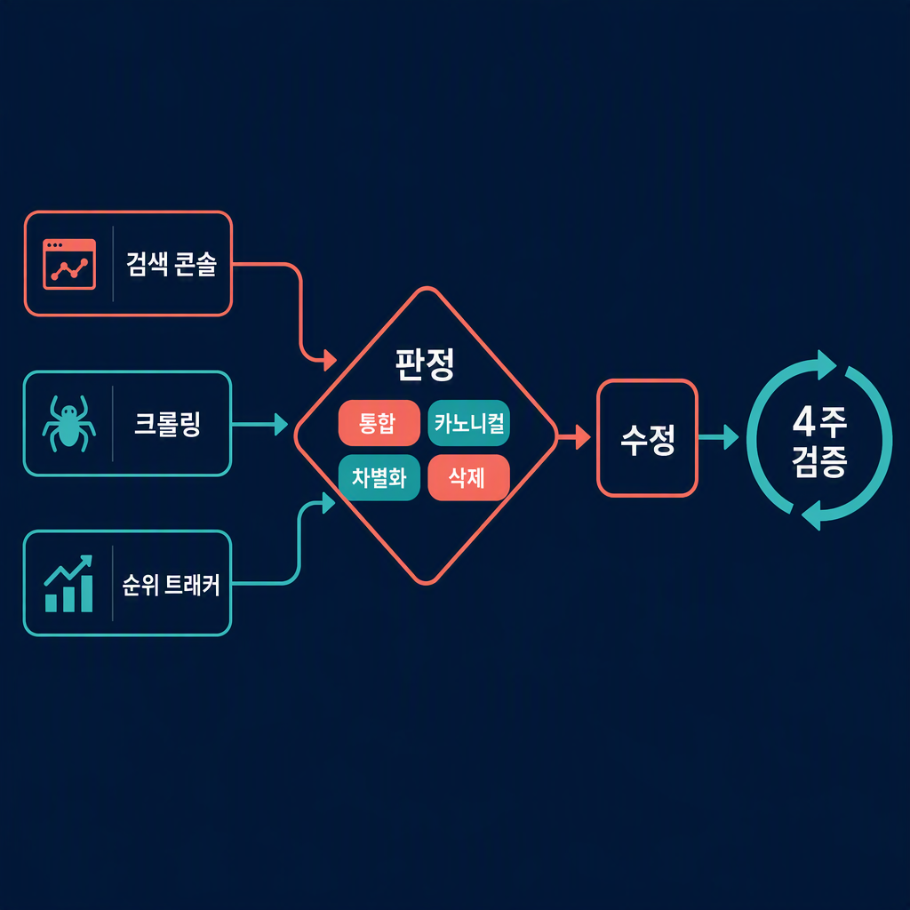 키워드 카니발리제이션 감사 워크플로우: 세 가지 감지 패스가 네 가지 판정 매트릭스로 흘러 들어가고, 수정과 4주 검증 루프로 이어진다.