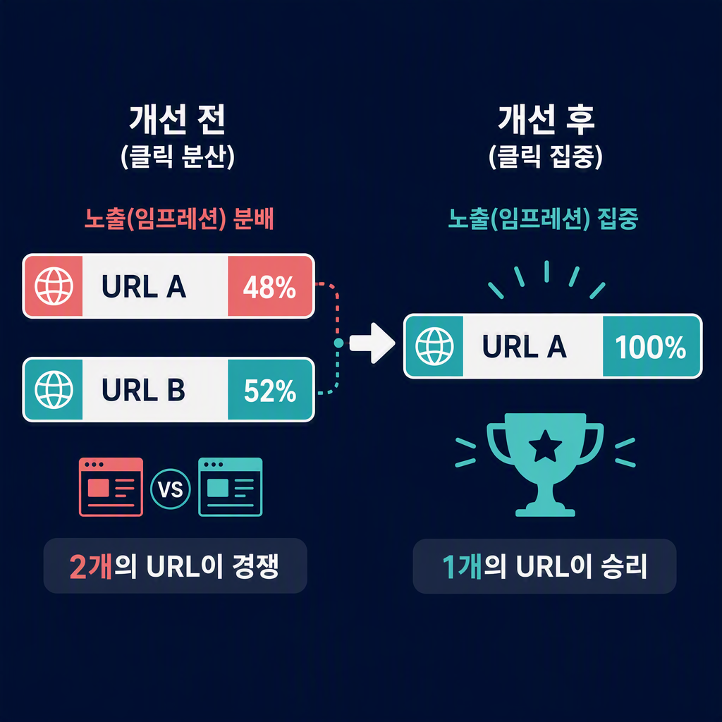 콘텐츠 통합 전후: 노출을 나누던 경쟁 URL 두 개가 하나의 남는 페이지로 바뀌어 그 쿼리에서 승리한다.
