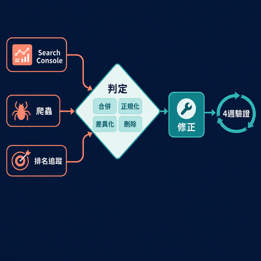 關鍵字蠶食稽核流程：三個偵測關卡餵入四種判定矩陣，再進入修復與四週驗證迴圈。
