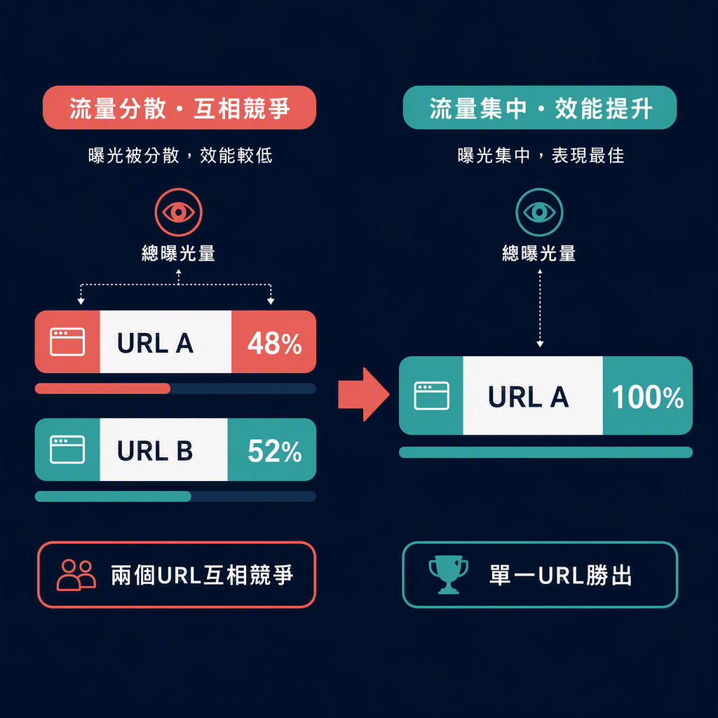 內容整合前後對照：兩個瓜分曝光的競爭網址，變成一個贏下該查詢的存活頁面。