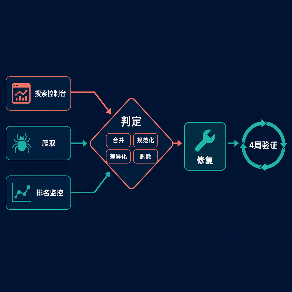 关键词蚕食审计流程：三个检测关卡喂入四种判定矩阵，再进入修复与四周验证循环。