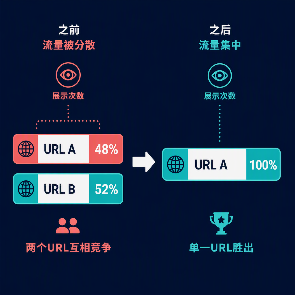 内容整合前后对比：两个瓜分展示次数的竞争 URL，变成一个赢下该查询的存活页面。