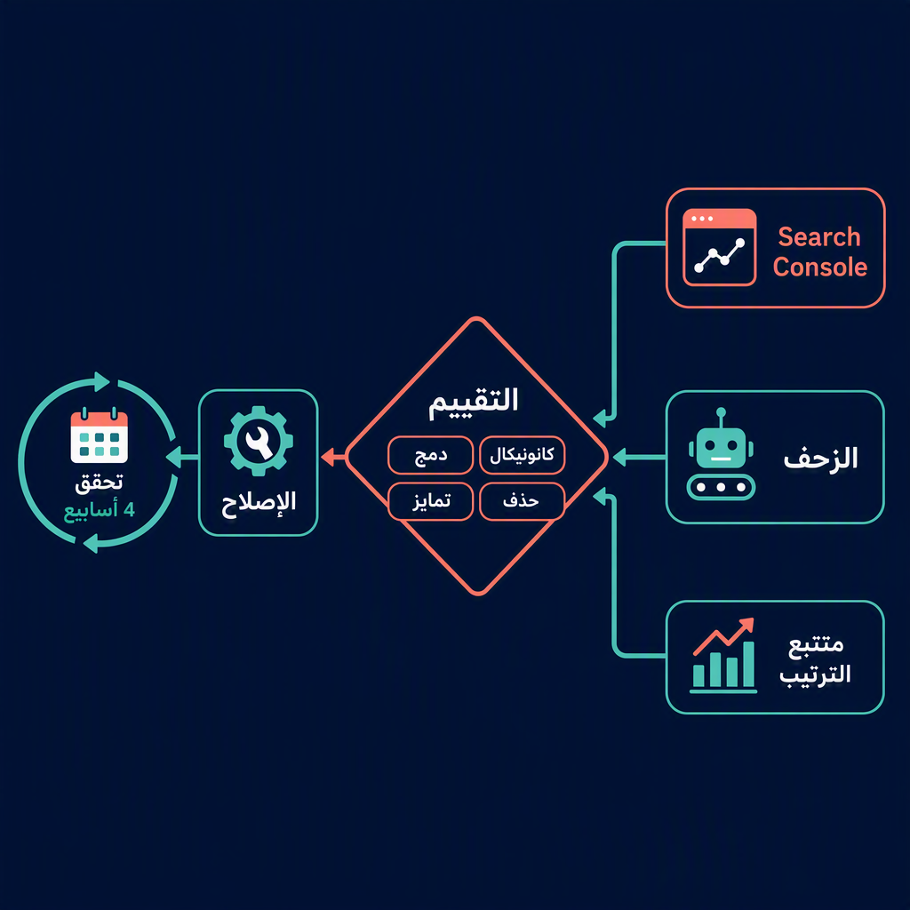 سير عمل تدقيق التهام الكلمات المفتاحية: ثلاث مراحل كشف تغذي مصفوفة قرار من أربعة أحكام، ثم إصلاحات وحلقة تحقق من أربعة أسابيع.