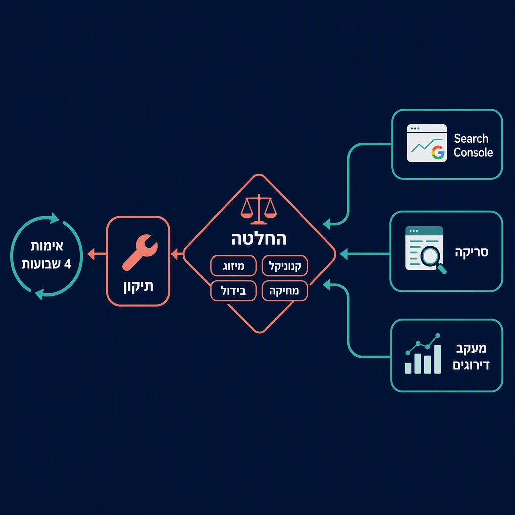 זרימת עבודה של ביקורת קניבליזציית מילות מפתח: שלושה מעברי זיהוי מזינים מטריצת החלטה עם ארבעה פסקי דין, אחר כך תיקונים ולולאת אימות של ארבעה שבועות.