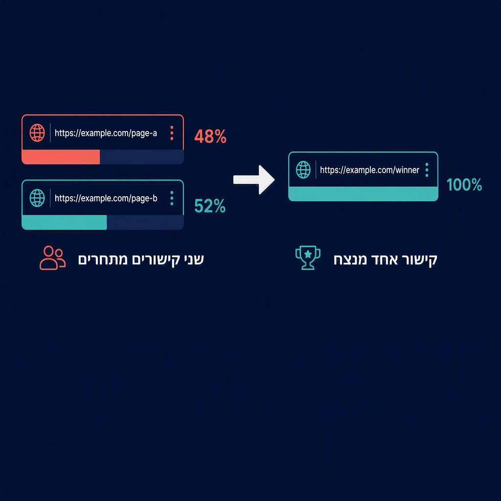 לפני ואחרי איחוד תוכן: שני קישורים מתחרים שמפצלים חשיפות הופכים לדף שורד אחד שזוכה בשאילתה.