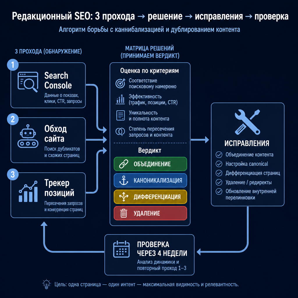 Рабочий процесс аудита каннибализации ключевых слов: три прохода обнаружения питают матрицу решений с четырьмя вердиктами, затем исправления и цикл проверки на четыре недели.
