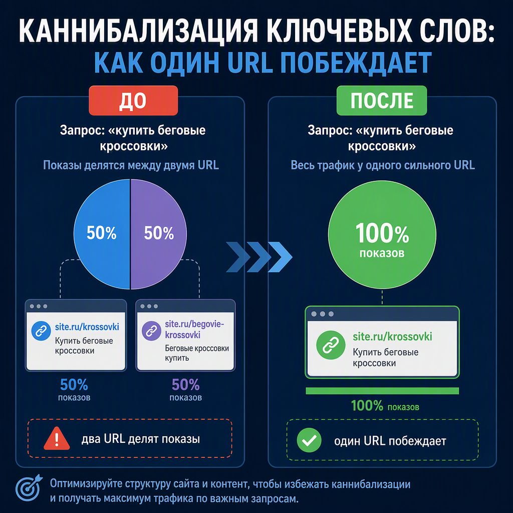 До и после объединения контента: два конкурирующих URL, делящие показы, превращаются в одну выжившую страницу, которая выигрывает запрос.