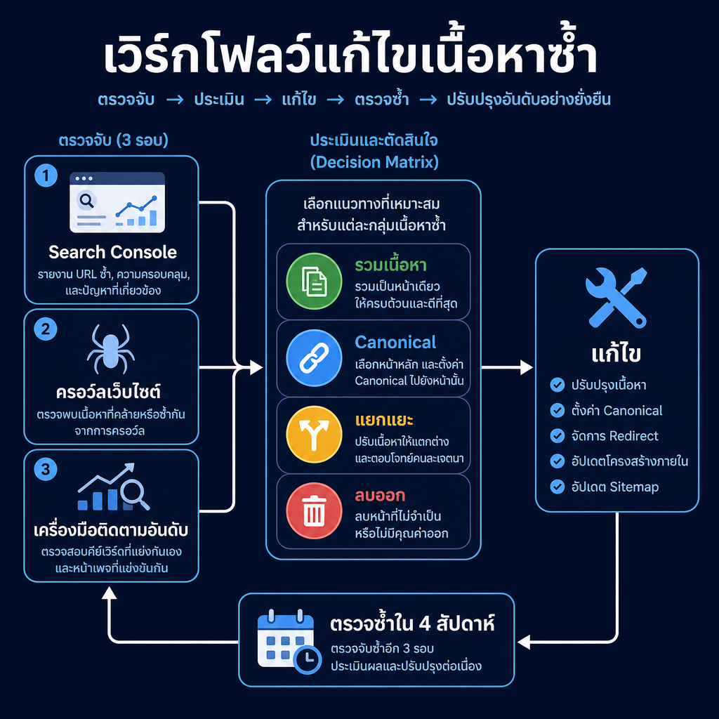 เวิร์กโฟลว์การตรวจ keyword cannibalization: สามรอบการตรวจจับส่งเข้าสู่เมทริกซ์การตัดสินใจสี่คำตัดสิน จากนั้นการแก้ไขและวงรอบการตรวจซ้ำสี่สัปดาห์
