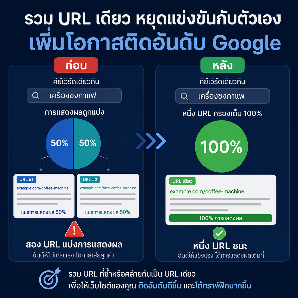 ก่อนและหลังการรวมเนื้อหา: สอง URL ที่แข่งขันกันและแบ่งการแสดงผล กลายเป็นหน้าที่อยู่รอดหนึ่งหน้าซึ่งชนะคำค้นหา