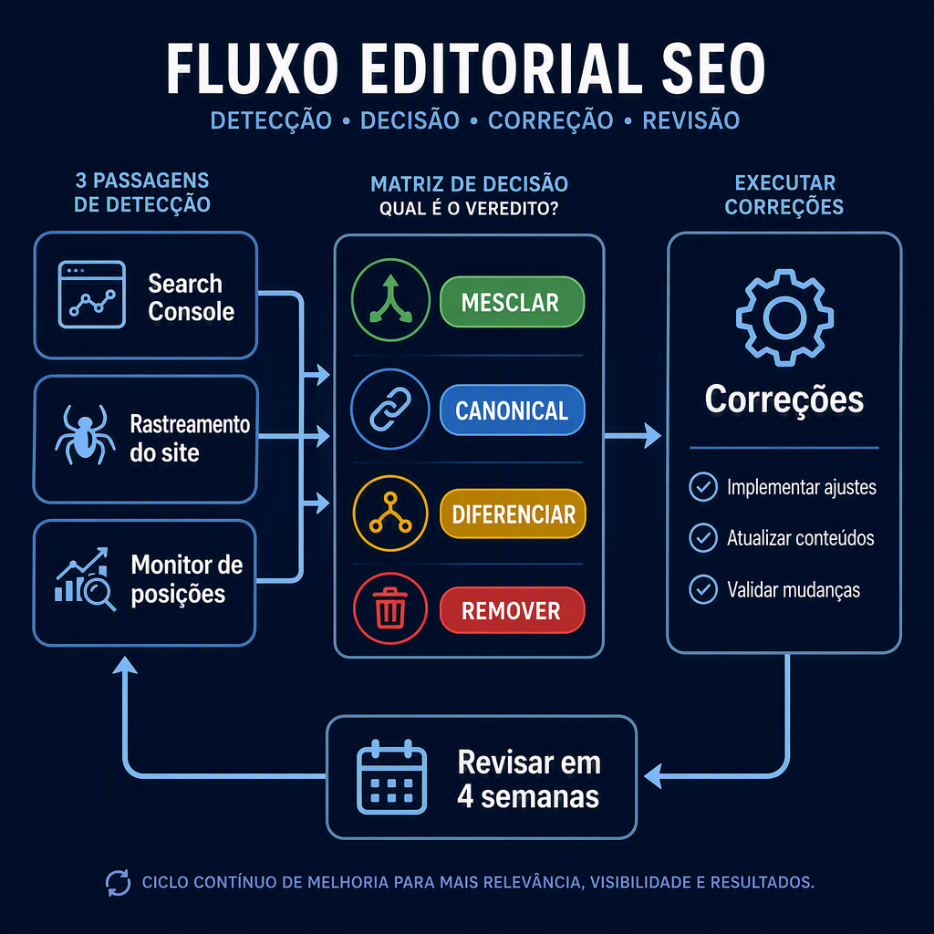 Fluxo de trabalho de auditoria de canibalização de palavras-chave: três passadas de detecção alimentam uma matriz de decisão com quatro vereditos, depois correções e um loop de verificação de quatro semanas.