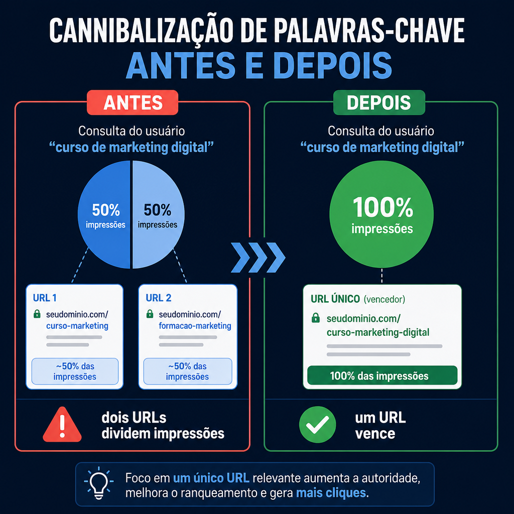 Antes e depois da consolidação de conteúdo: dois URLs concorrentes dividindo impressões viram uma única página sobrevivente que ganha a consulta.