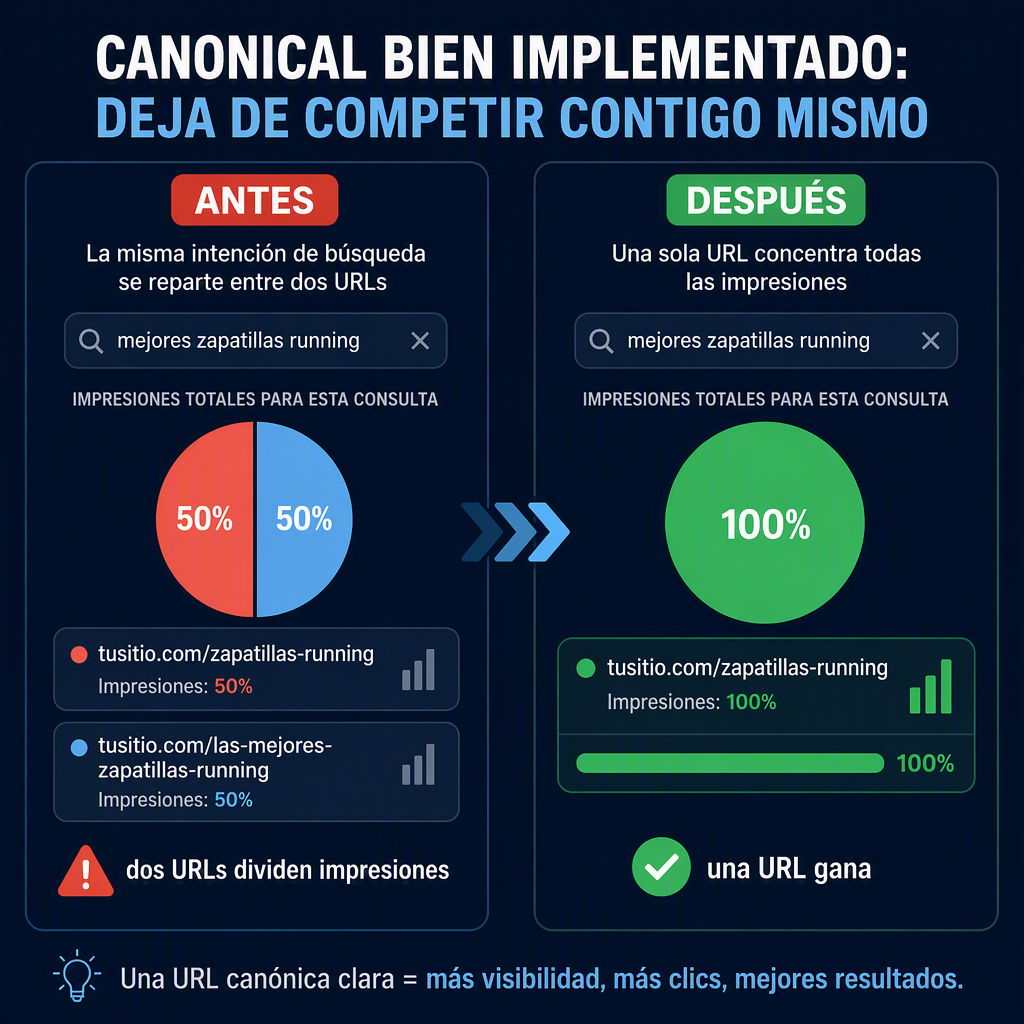 Antes y después de la consolidación de contenido: dos URLs competidoras que dividen impresiones se convierten en una única página superviviente que gana la consulta.