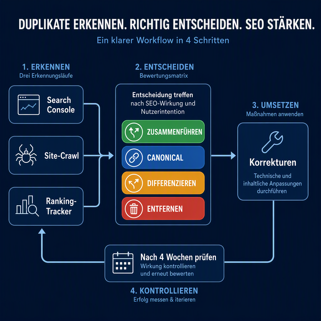 Keyword-Kannibalisierungs-Audit-Workflow: Drei Erkennungsläufe speisen eine Entscheidungsmatrix mit vier Urteilen, dann Korrekturen und eine Vier-Wochen-Verifikationsschleife.