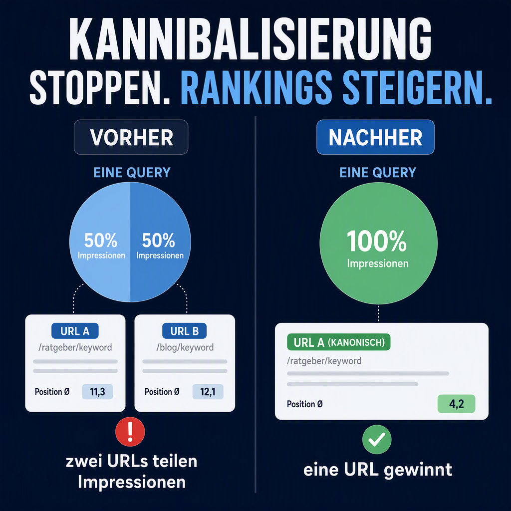 Vorher und nachher der Content-Konsolidierung: Zwei konkurrierende URLs, die Impressionen teilen, werden zu einer überlebenden Seite, die die Query gewinnt.