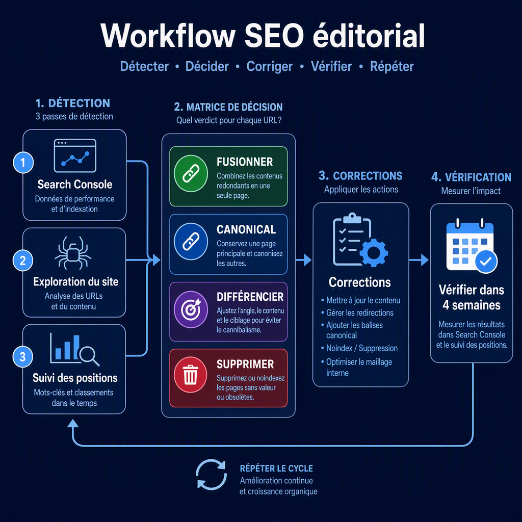 Workflow d'audit de cannibalisation de mots clés : trois passes de détection alimentent une matrice de décision à quatre verdicts, puis des corrections et une boucle de vérification de quatre semaines.