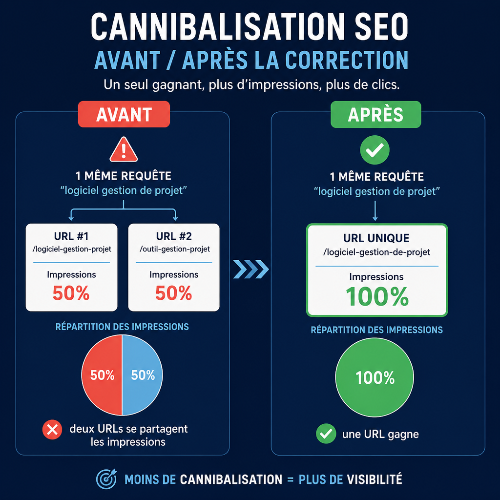 Avant et après la consolidation de contenu : deux URLs concurrentes qui partagent des impressions deviennent une page survivante unique qui gagne la requête.