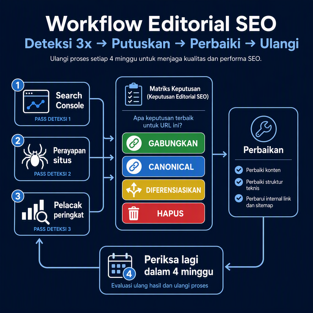 Workflow audit kanibalisasi keyword: tiga lintasan deteksi memberi makan matriks keputusan dengan empat vonis, lalu perbaikan dan putaran verifikasi empat minggu.