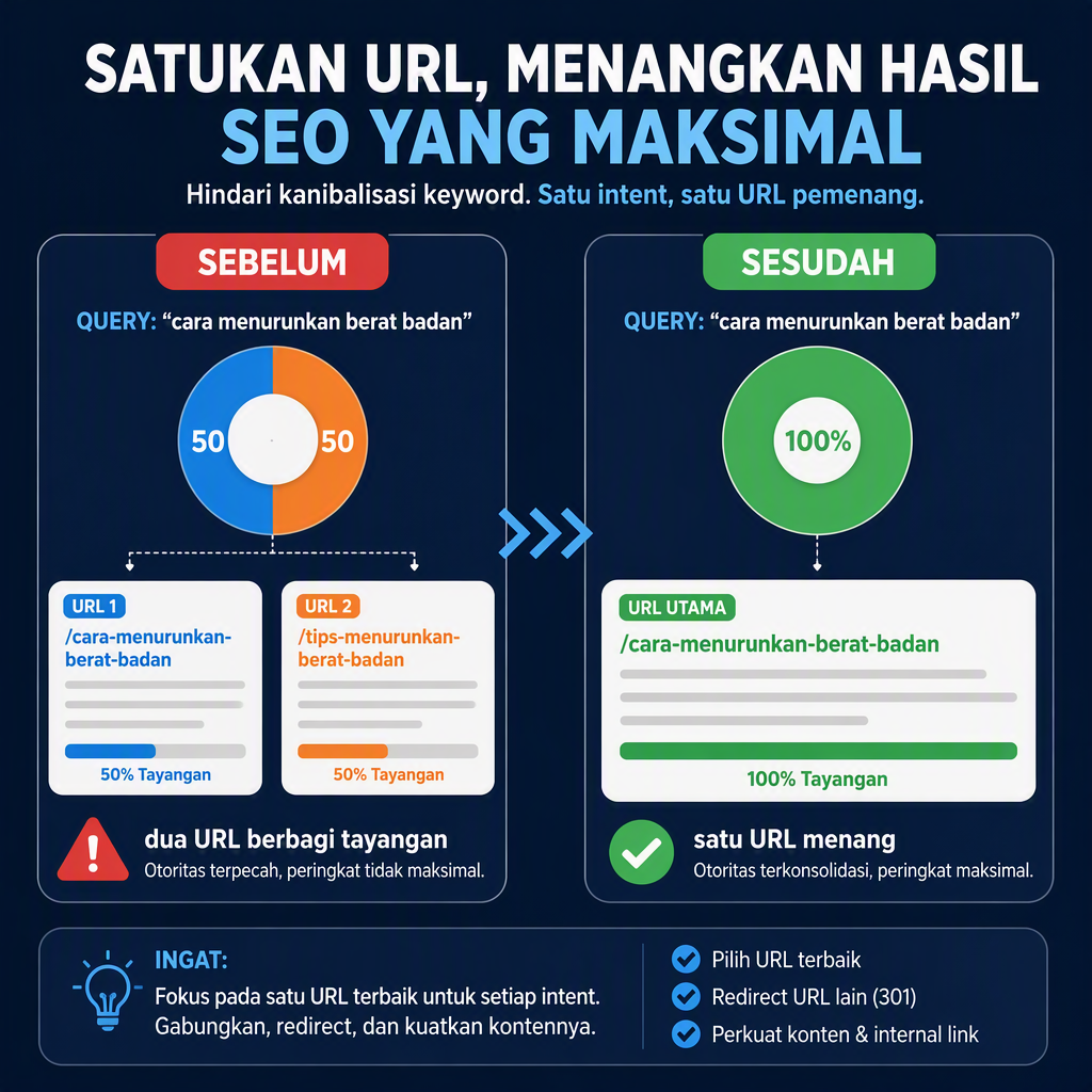 Sebelum dan sesudah konsolidasi konten: dua URL yang bersaing berbagi tayangan menjadi satu halaman bertahan yang memenangkan kueri.
