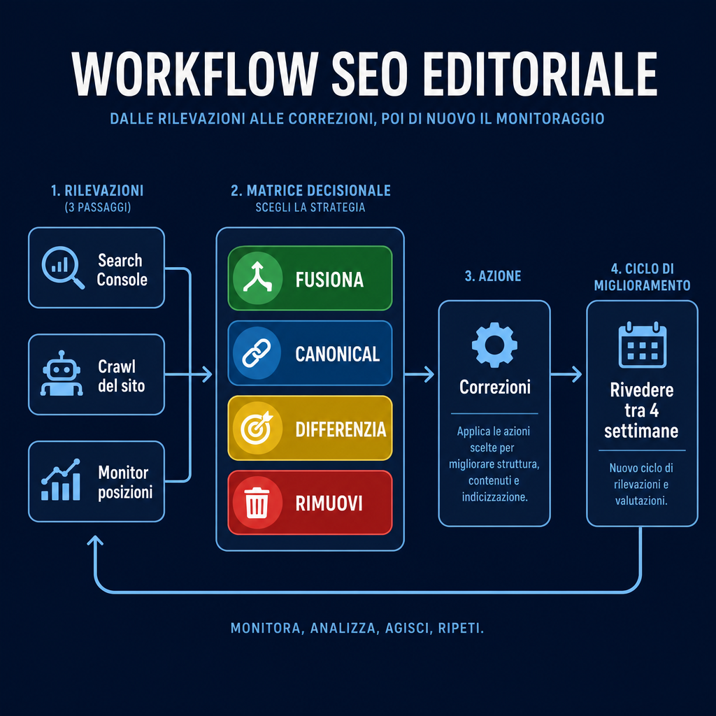 Workflow di audit della cannibalizzazione delle parole chiave: tre passate di rilevamento alimentano una matrice decisionale con quattro verdetti, poi correzioni e un ciclo di verifica di quattro settimane.