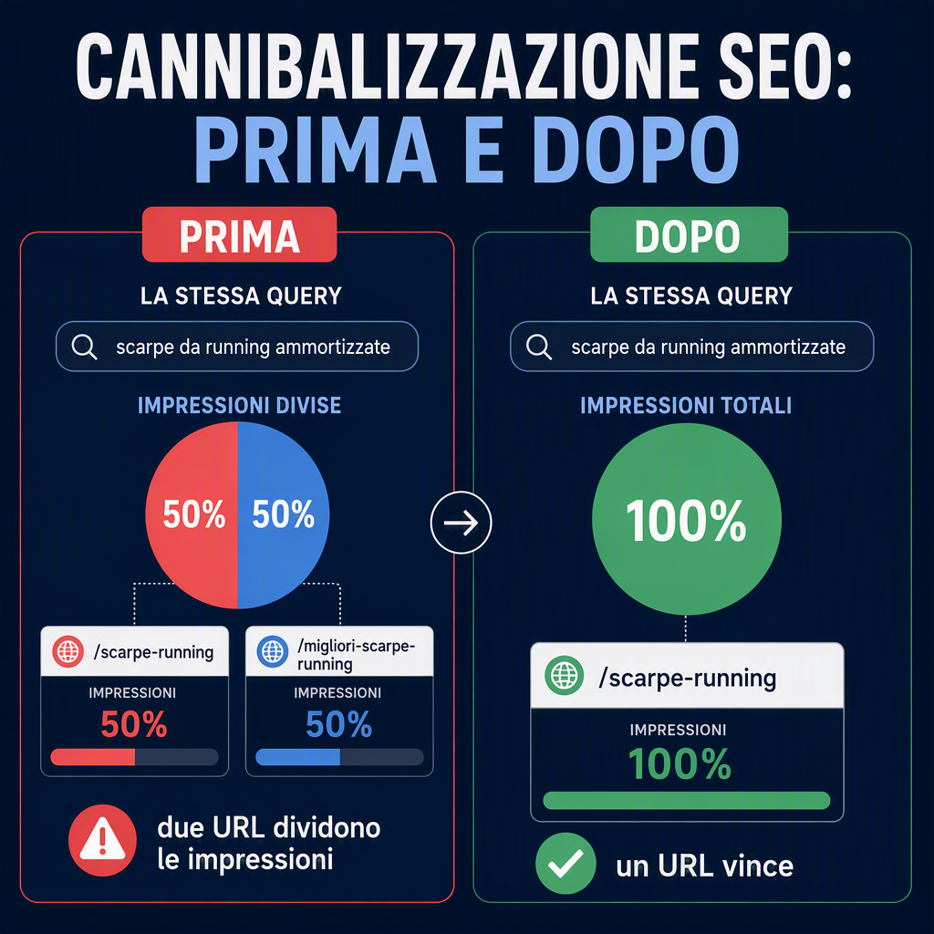 Prima e dopo il consolidamento dei contenuti: due URL concorrenti che dividono le impressioni diventano un'unica pagina sopravvissuta che vince la query.