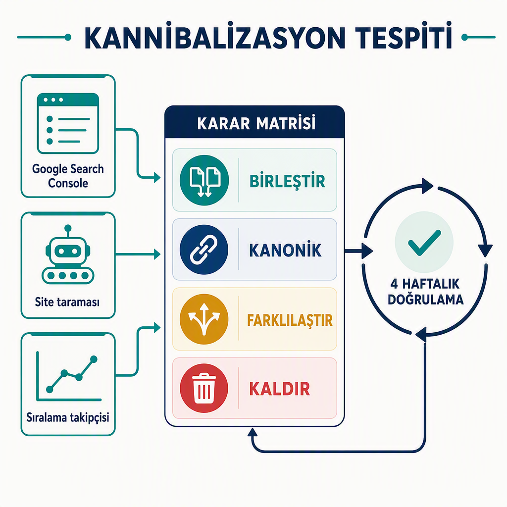 Anahtar kelime kannibalizasyonu denetim iş akışı: üç algılama geçişi, dört kararlı bir karar matrisini besler, ardından düzeltmeler ve dört haftalık doğrulama döngüsü.