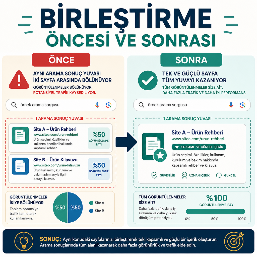 İçerik konsolidasyonundan önce ve sonra: görüntülenmeleri bölen iki rakip URL, sorguyu kazanan tek bir hayatta kalan sayfaya dönüşür.