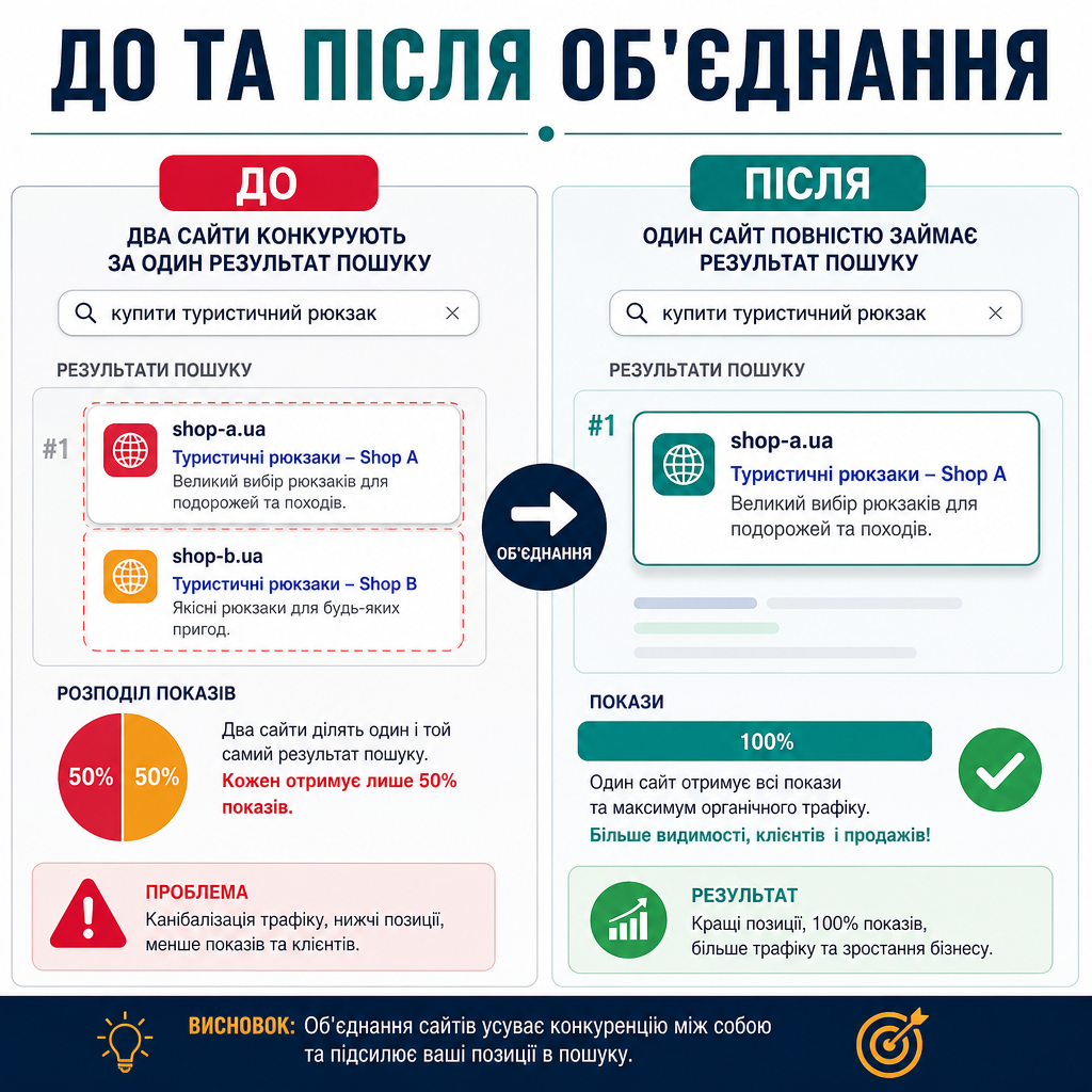 До та пiсля консолiдацiї контенту: два конкуруючi URL, якi дiлять покази, стають однiєю сторiнкою, що вижила й виграє запит.