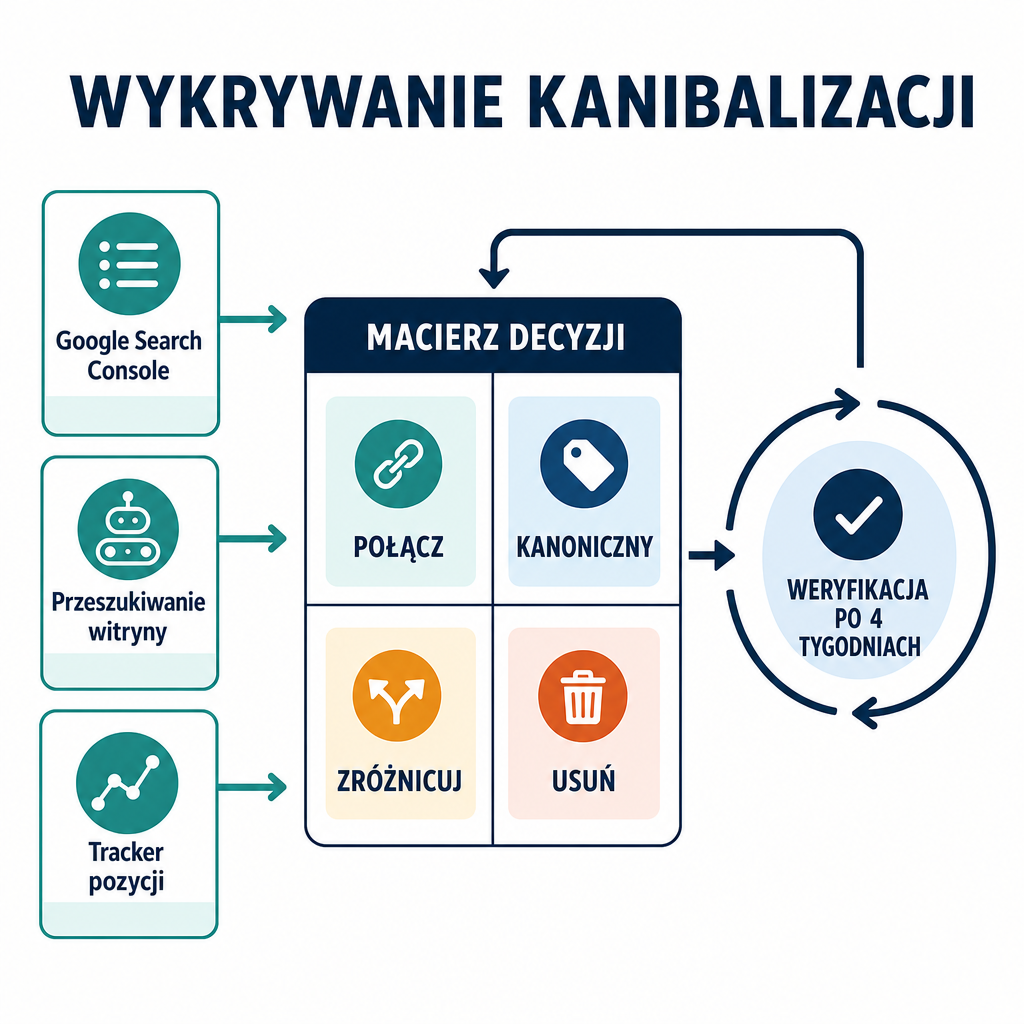 Proces audytu kanibalizacji słów kluczowych: trzy przejścia wykrywania zasilają macierz decyzji z czterema werdyktami, potem poprawki i czterotygodniowa pętla weryfikacji.