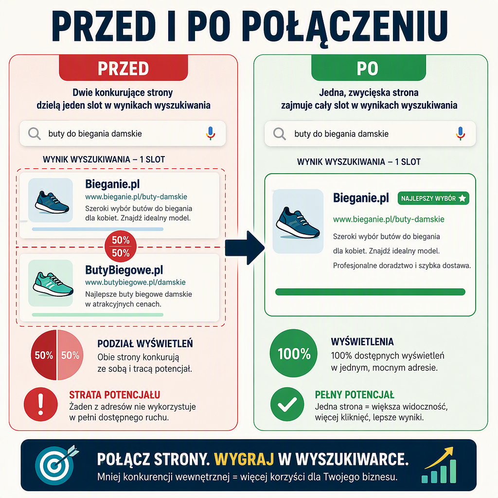 Przed i po konsolidacji treści: dwa konkurujące URL-e dzielące wyświetlenia stają się jedną przetrwałą stroną, która wygrywa zapytanie.
