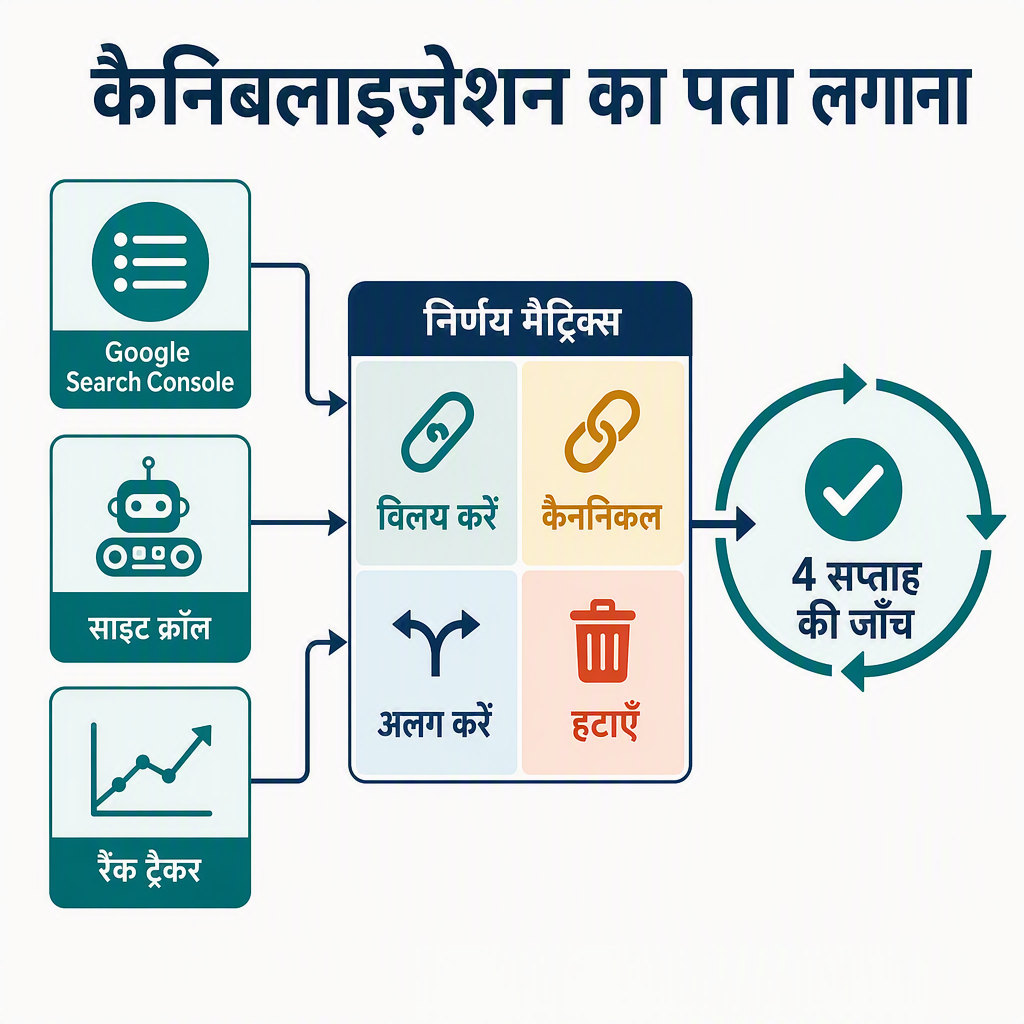 कीवर्ड कैनिबलाइज़ेशन ऑडिट वर्कफ़्लो: तीन पहचान-पास चार फ़ैसलों वाली निर्णय मैट्रिक्स को फ़ीड करते हैं, फिर सुधार और चार सप्ताह की सत्यापन लूप।
