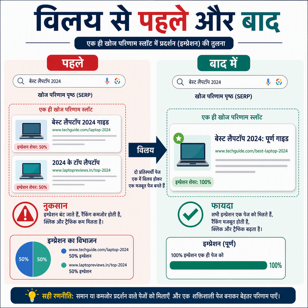 कंटेंट कंसोलिडेशन से पहले और बाद: इम्प्रेशन बाँटने वाले दो प्रतिस्पर्धी URL एक बचे पेज बन जाते हैं जो क्वेरी जीतता है।