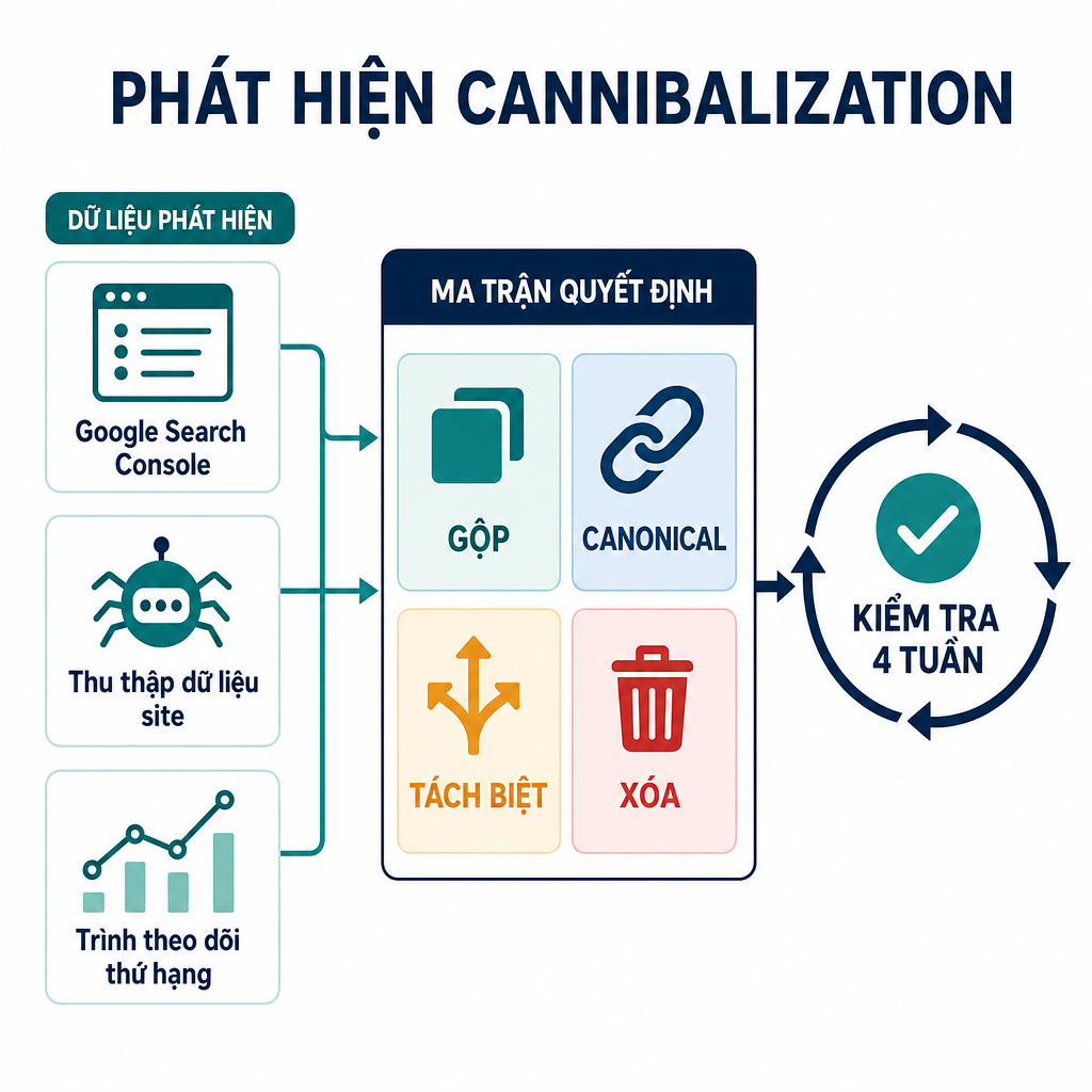 Quy trình audit cannibalization từ khóa: ba vòng phát hiện nuôi ma trận quyết định bốn phán quyết, rồi sửa đổi và vòng xác minh bốn tuần.
