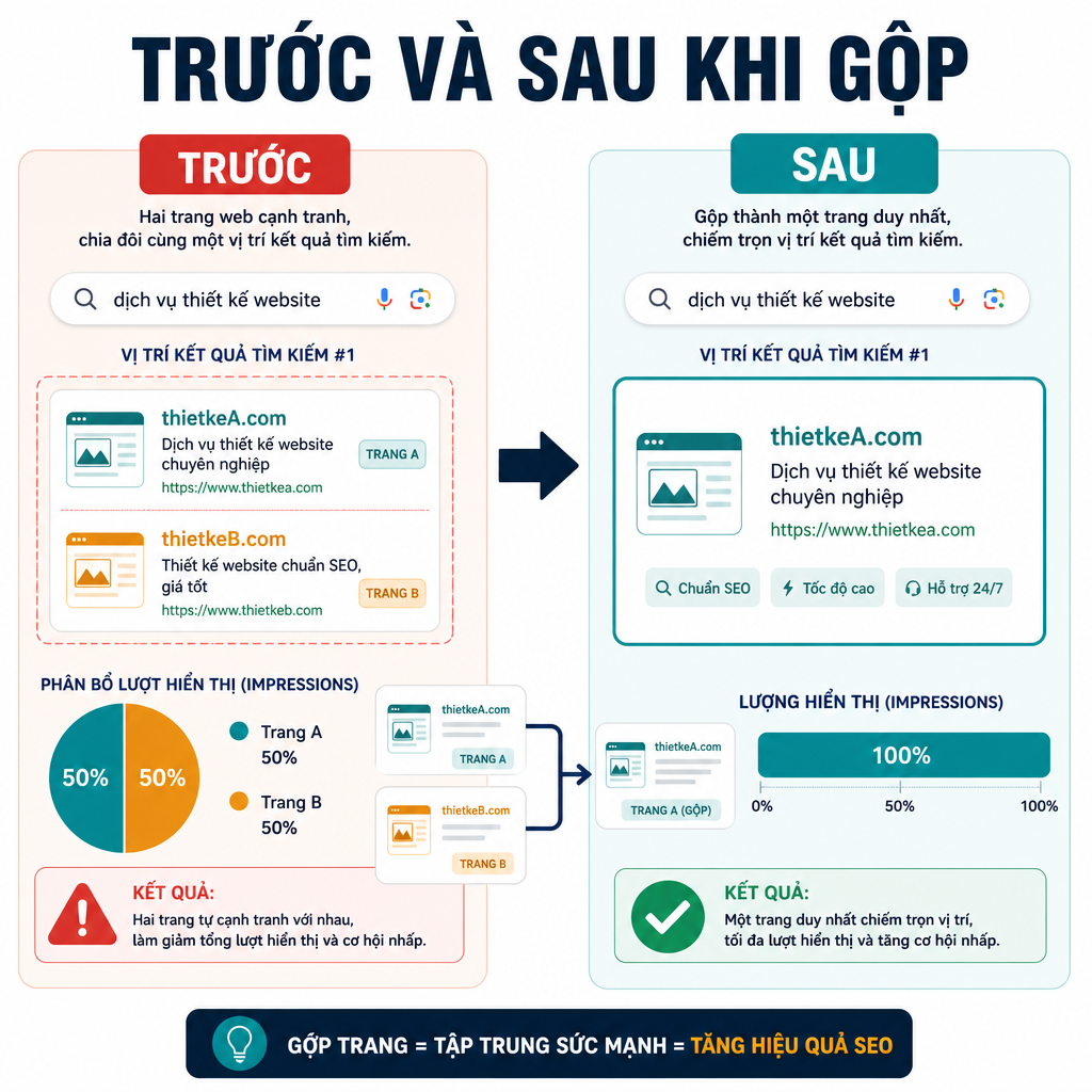 Trước và sau khi hợp nhất nội dung: hai URL cạnh tranh chia lượt hiển thị trở thành một trang sống sót thắng truy vấn.