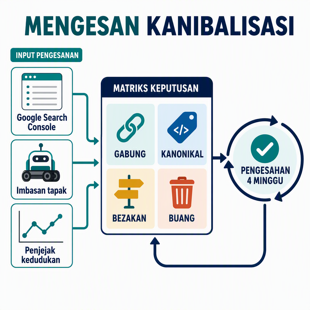 Aliran kerja audit kanibalisasi kata kunci: tiga laluan pengesanan menyuap matriks keputusan dengan empat keputusan, kemudian pembaikan dan gelung pengesahan empat minggu.