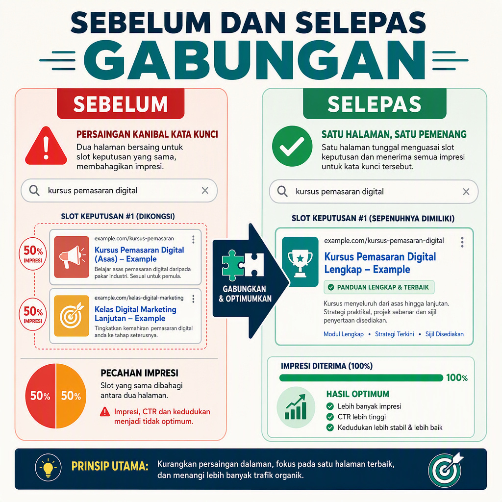Sebelum dan selepas penyatuan kandungan: dua URL bersaing yang membahagi impresi menjadi satu halaman bertahan yang memenangi pertanyaan.