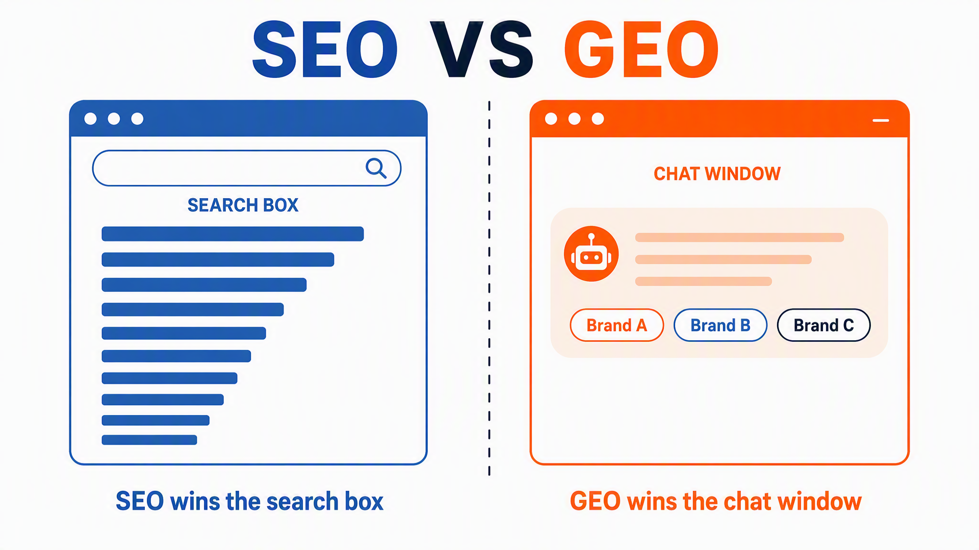 Diagram comparing how SEO ranks ten links in a search box versus how GEO competes for the three to five brands an AI answer actually names