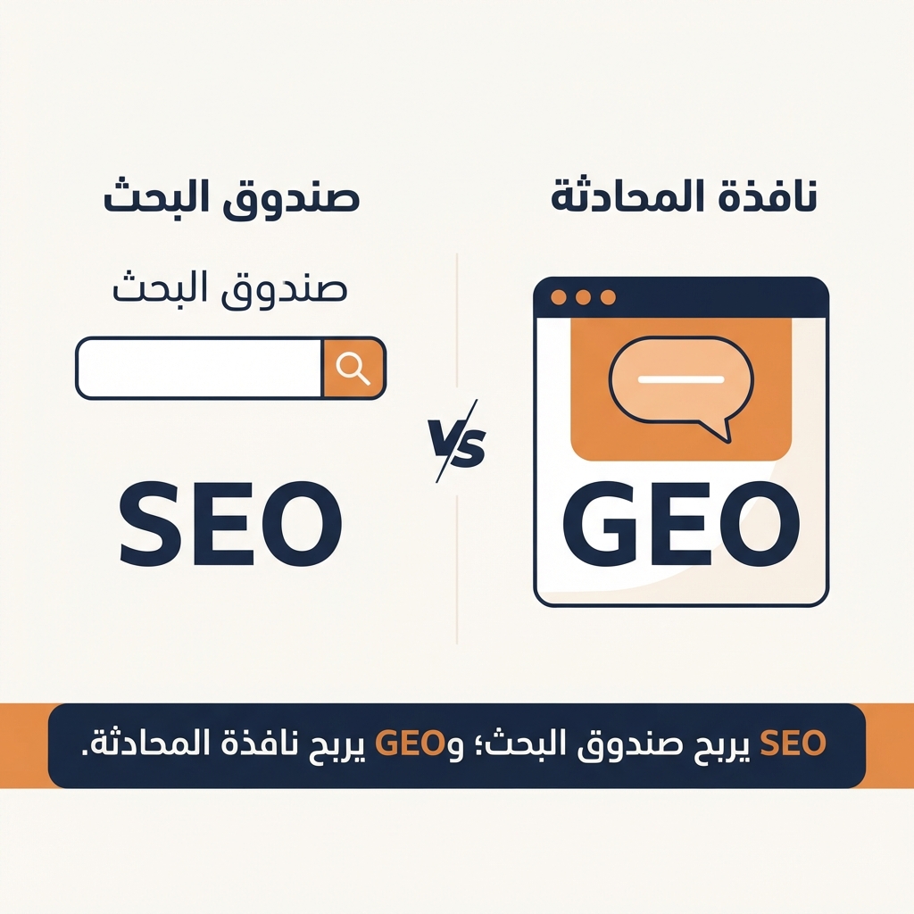 مخطط مقارن: SEO يرتب عشرة روابط في صندوق البحث، بينما يتنافس GEO على العلامات الثلاث إلى الخمس التي تذكرها إجابة الذكاء الاصطناعي فعلاً
