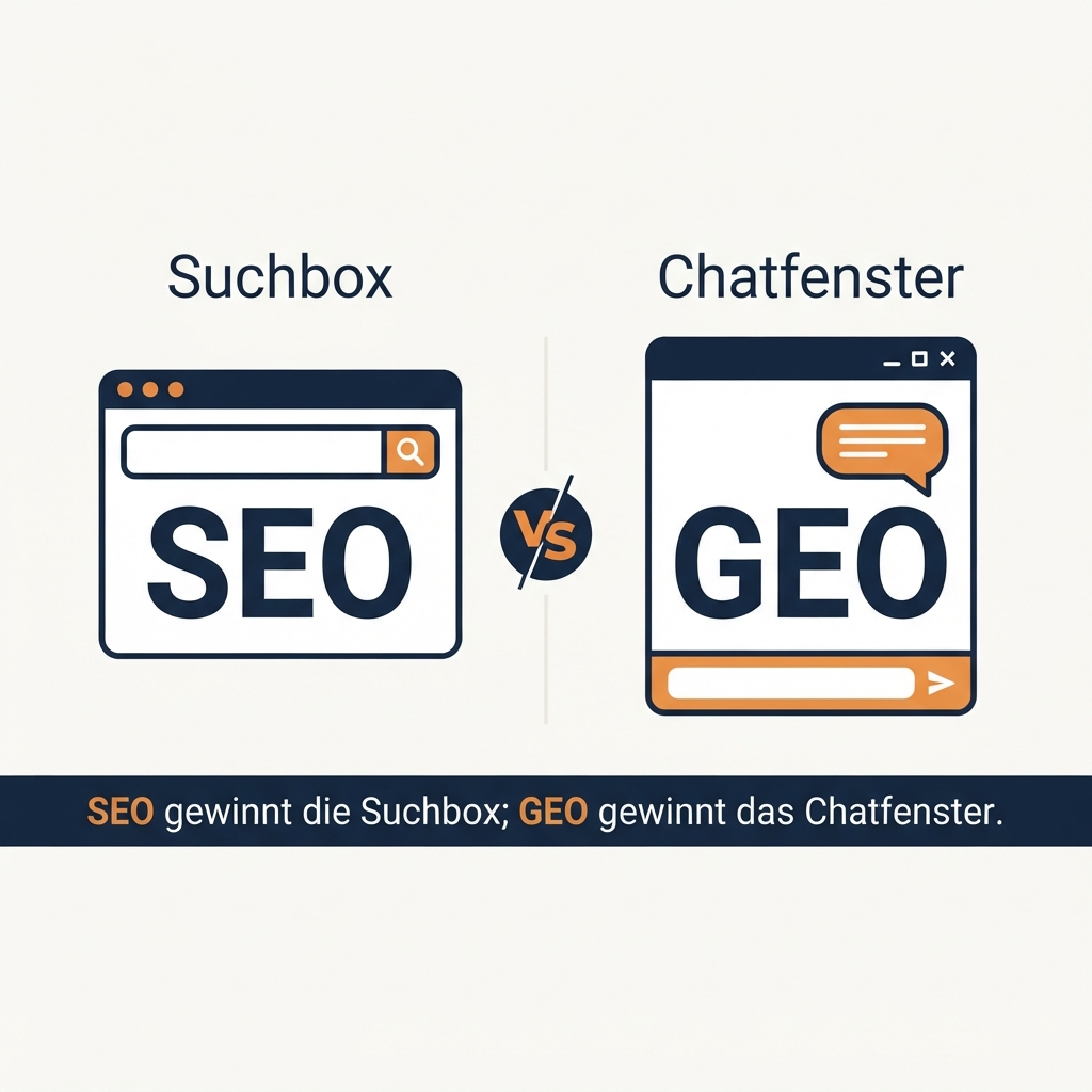 Diagramm, das vergleicht, wie SEO zehn Links in einer Suchbox rankt und wie GEO um die drei bis fünf Marken kämpft, die eine KI-Antwort tatsächlich nennt