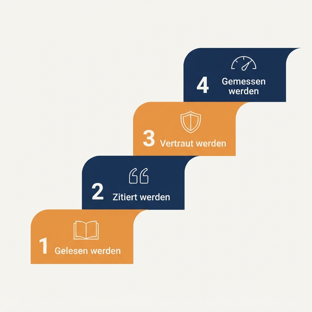 Stufen-Diagramm der vier GEO-Ebenen: Gelesen werden, Zitierbar sein, Vertrauenswürdig sein, Gemessen werden