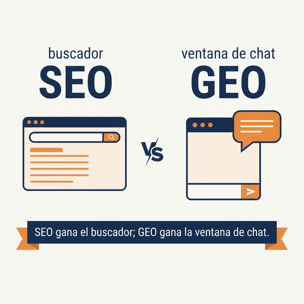 Diagrama que compara cómo el SEO posiciona diez enlaces en un buscador frente a cómo el GEO compite por las tres a cinco marcas que una respuesta de IA realmente nombra