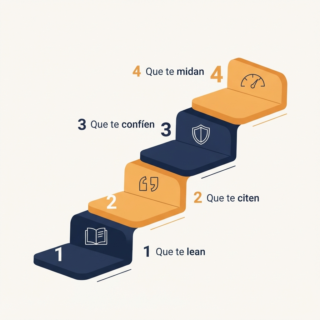 Diagrama de escalera de las cuatro capas de GEO: que te lean, que te citen, que te confíen, que te midan