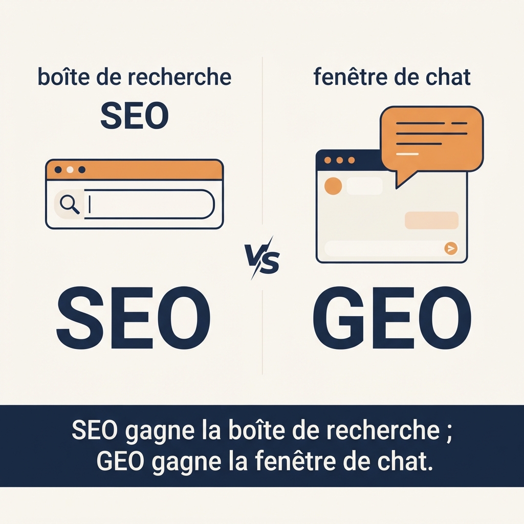 Diagramme comparant la façon dont le SEO classe dix liens dans une boîte de recherche et la façon dont le GEO entre en concurrence pour trois à cinq marques citées par une réponse IA