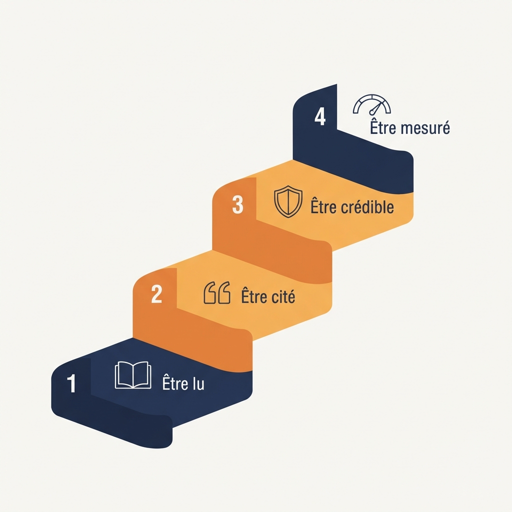 Diagramme en escalier des quatre couches du GEO : être lu, être citable, être crédible, être mesuré