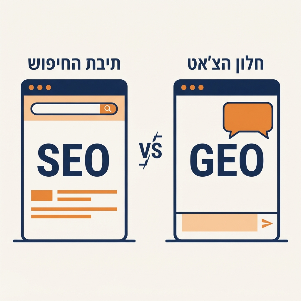 תרשים השוואה: SEO מדרג עשרה קישורים בתיבת חיפוש, בעוד GEO מתחרה על שלושה עד חמישה מותגים שהתשובה של ה-AI באמת מונה