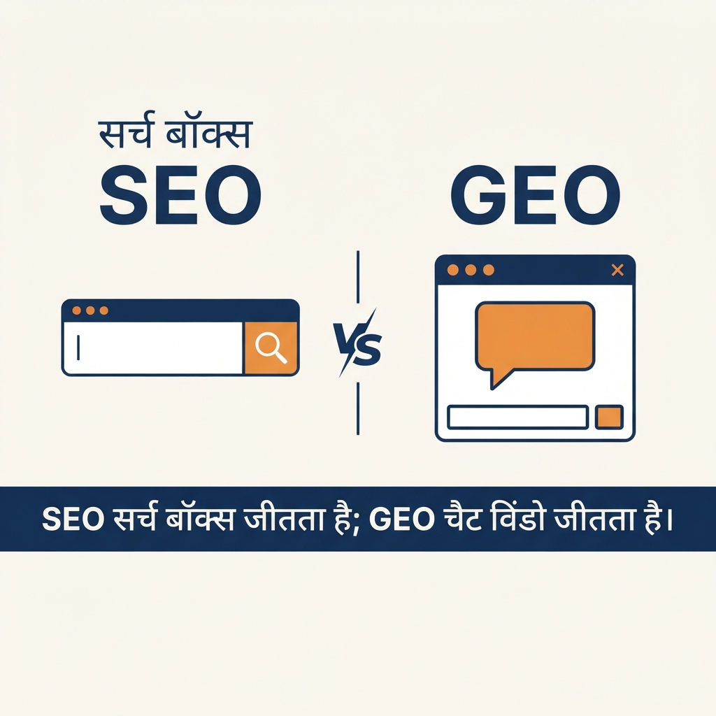 तुलना डायग्राम: SEO सर्च बॉक्स में दस लिंक्स को रैंक करता है, जबकि GEO उन तीन से पाँच ब्रांड्स के लिए प्रतिस्पर्धा करता है जो AI उत्तर में सच में नामित होते हैं