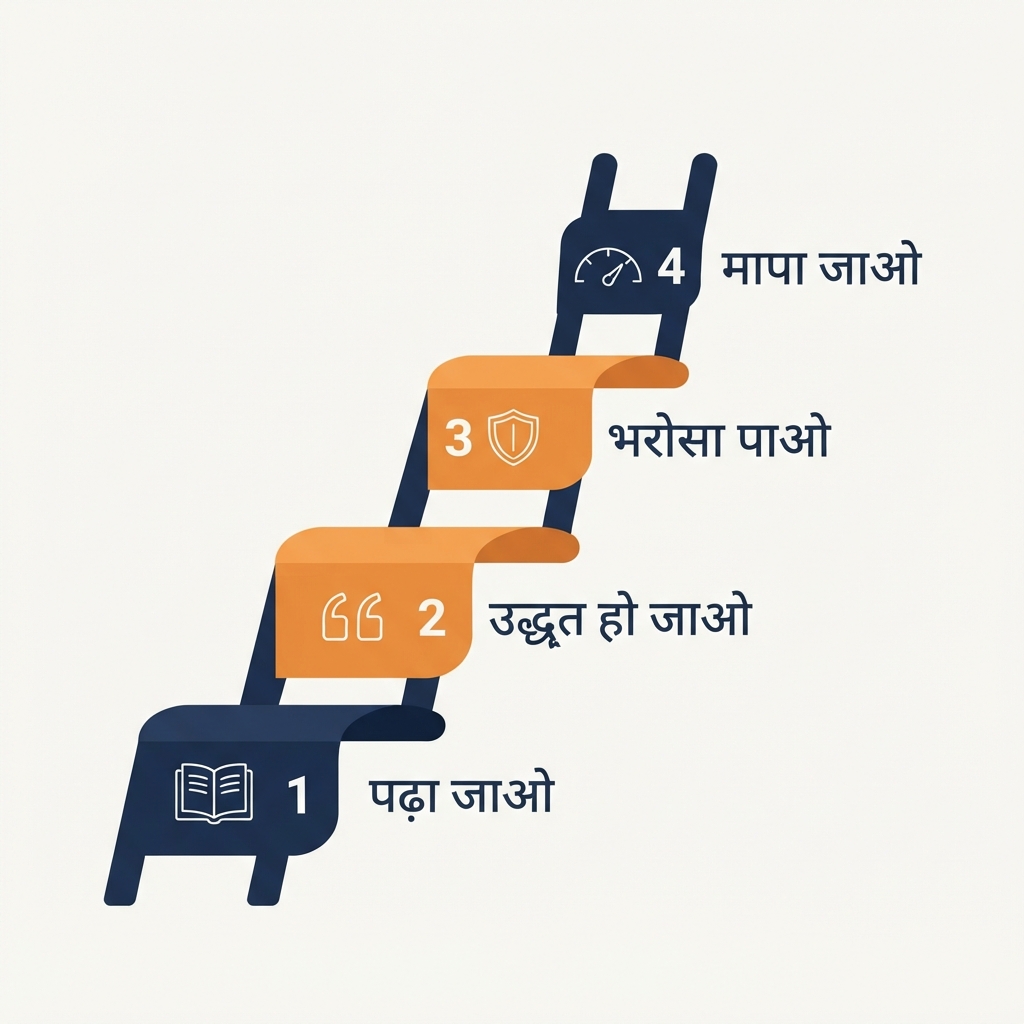 GEO की चार परतों की सीढ़ी डायग्राम: पढ़ा जाओ, उद्धृत हो जाओ, भरोसा पाओ, मापा जाओ